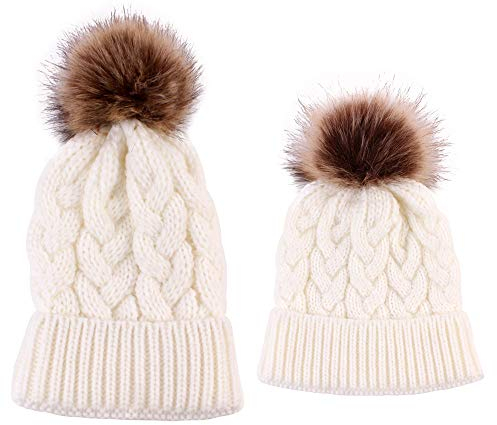 2PCS Mutter & Baby Strickmütze Winterwärmer Familie Häkelarbeithut Wollmütze Beanie Ski Hüte&Mützen (Weiß)