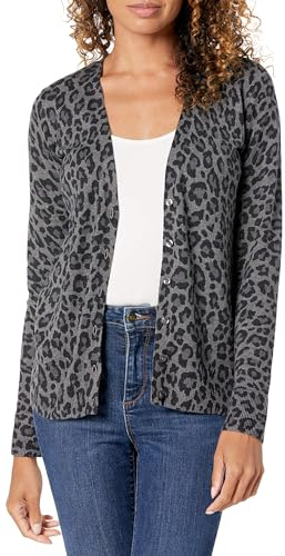 Amazon Essentials Women's Lightweight V-Neck Cardigan Jumper (Available in Plus Size), Charcoal Heather Animal, M