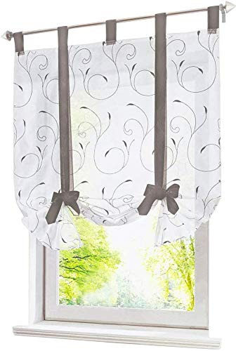 GOLDION Raffrollo mit Stickerei Band Raffgardinen Voile Transparent Schlaufen Vorhang (Grau, BxH 140x140cm)