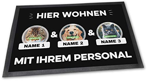 Fußmatte mit DREI Katzen - Hier Wohnen - Personalisiert mit WUNSCHFOTOS und Wunschnamen Katzenbesitzer - 60 x 40 cm