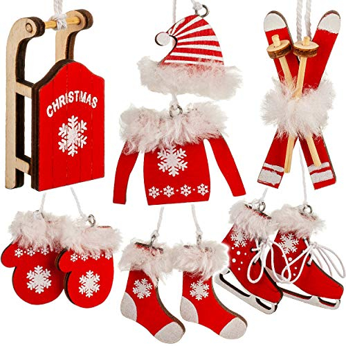 alles-meine.de GmbH 10 TLG. Deko Set - Winter & Weihnachten - Farbwahl - Ski/Schlittschuhe/Schlitten - rot & weiß - aus Holz - Miniatur/Diorama - Anhänger - Weihnachtsdeko ..