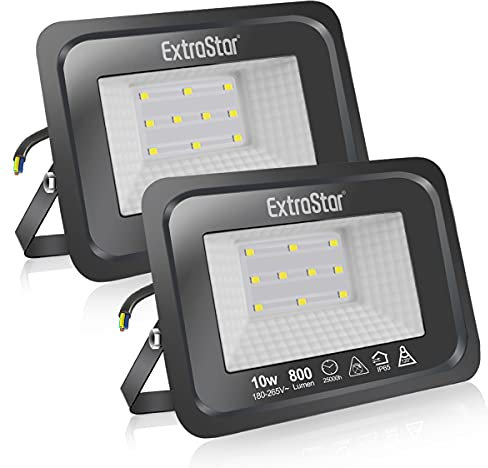 EXTRASTAR 10W LED Floodlight Outdoor, 800LM Super Bright LED Security Lights, IP65 Waterproof Flood Light Wall Lights for Garden, Garage, Warehouse, Backyard and More - 6500K Daylight, 2 Pack