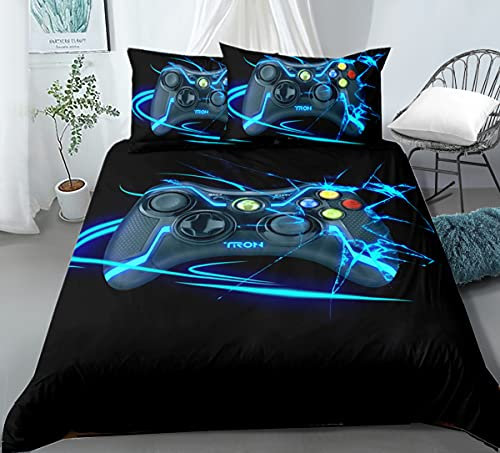 PEIHUODAN 3D Gamer Funda Nordica Cama Juveniles Chico Chica Niño Gaming Anime Modernas Microfibra Videojuegos Juego De Cama Funda De Edredón Ropa De Cama 3 Piezas Negro Azul (Cama 135/150 220x240)