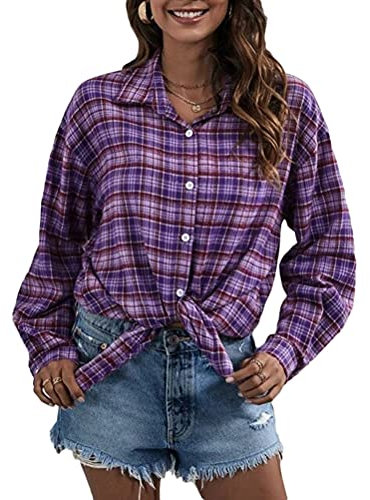Minetom Donna Camicia a Quadri Blusa Casual Camicetta Maglietta Manica Lunga Shirts Tops con Bottoni Viola L
