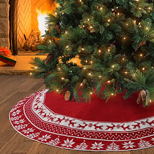 Weldomcor Weihnachtsbaum Rock 122cm Gestrickte Weihnachtsbaumdecke Pad Runde Elch Schneeflocken Große Baummatte für Weihnachten Neues Jahr Dekoration, Rot
