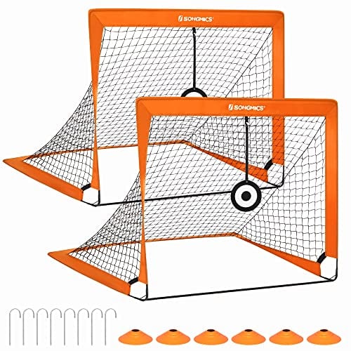 SONGMICS Cage de Football pour Enfant, Lot de 2, Filet de Football Portable et Pliable, pour Jardin, Parc, Plage, Tubes en Fibre de Verre, Orange SZQ422O01
