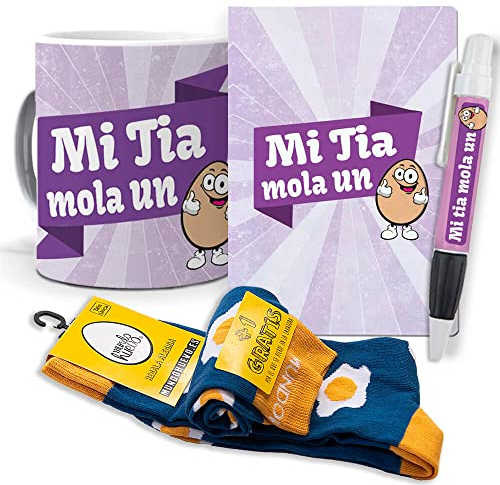 mundohuevo Super Regalo Personalizado para tias. Mi Tia Mola un Huevo. Taza, libreta, boli y Trio de Calcetines