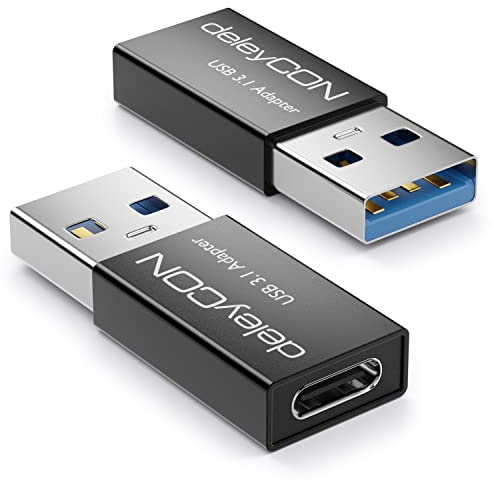 deleyCON USB C Adapter 3.0 (2 Stück) 5Gbit/s C auf A, für Ladekabel Datenkabel Ladegerät Powerbank, für iPhone 16 15, iPad, Airpods, Watch, Galaxy S25/S24, PC, Tablet, Notebook - Schwarz