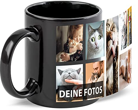Schwarze Tasse zum selbst gestalten mit Foto-Collage für 8 Wunschfotos - Geschenk für Freunde zum Geburtstag, Weihnachten - Keramik, 300 ml | Personalisiertes Geschenk