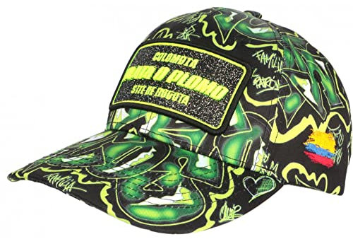Plata o Plomo Cap Neongrün und Schwarz, Strass, Streetwear Colombia Baseball – Unisex, grün, Einheitsgröße
