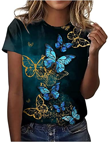 Tshirt Damen Lässige Oberteile mit 3D Rosen Schmetterlings Druck Sommer Tops Kurzärmliges T Shirt mit O Ausschnitt floralen Motiven Hemden Basic Shirt Lockere All Match Bluse Geschenk für Frauen