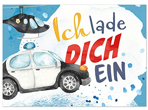 8 Einladungskarten Kindergeburtstag mit Umschlägen, Aquarell Polizei Hubschrauber Polizist, Karte Geburtstag Einladung zum Ausfüllen
