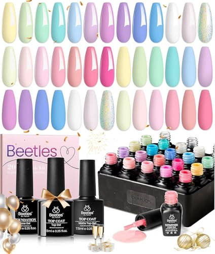 beetles Gel Polish Nail Kit 20 Colors Soak Off Gel Polish with Base Coat Glossy & Matte Top Coat Pink Blue Green Neutral Gel Nail Design Valentine's Day Gift for Women Girls
