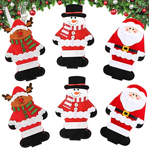 AOBETAK Weihnachten Besteckhalter Taschen, 6 Stk Schneemann Rentier Weihnachtsmann Messer Und Gabeln Bestecktaschen Für Weihnachtlich Abendessen Tischdeko Besteck Geschirrhalter Weihnachtsdeko