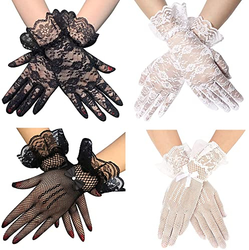 4 Paar Damen Spitzenhandschuhe, Elegante Tea Party Kurze Handschuhe, Mesh Höflichkeit Vintage Floral Braut für Hochzeit Abendessen Halloween Cocktail Kostüm 1950's Parties