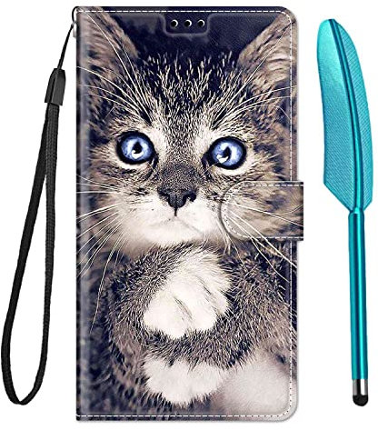 iPhone 14 Case Shockproof Wallet Flip PU Leather Silicone Bumper Cover Slim Fit Protective Cover with Card Holder Magnet Kickstand iPhone 14 Case & 1 Touch Pen, Grey Cat
