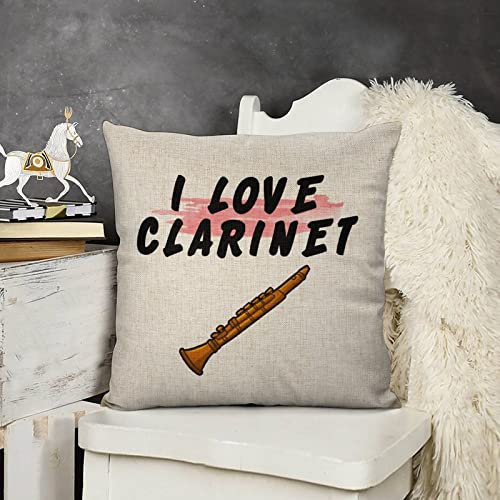 Rimego Klarinetten-Kissenbezug, 45,7 x 45,7 cm, I Love Klarinetten-Kissenbezug, Klarinetten-Liebhaber, Geschenke aus Baumwolle, Leinen, Kissenbezüge für Sofa, Couch, Heimdekoration