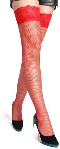 comeondear Medias Rejilla Mujer Talla Grande Sexy Medias Autoadhesivas Encaje con Silicona Malla Altas Stockings de Muslo Transparentes Overknee Elásticos para Liguero 1-Rojo L-XXL