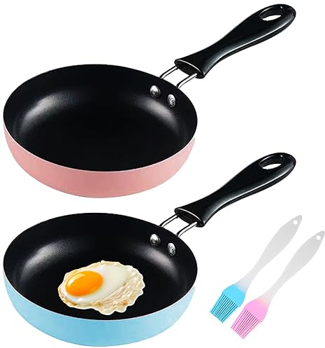Lot de 2 mini poêles 12 cm - Avec brosse en silicone - Résistantes à la chaleur - Pour le camping, la cuisine, les cuisinières à induction