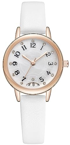 CIVO Uhr Damen mit Kalendar Damenuhr Weiß Lederarmband Elegant Wasserdicht Perlmutt Zifferblatt Analog Armbanduhr Damen Roségold Gehäuse Quarzuhr Geschenke Frauen
