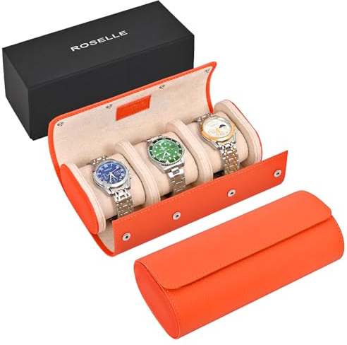 ROSELLE Uhrenetui aus echtem Leder – Uhrenrolle für 3 Uhren mit luxuriösem Futter – Schützen, Reisen, Aufbewahren und Präsentieren feiner Uhren