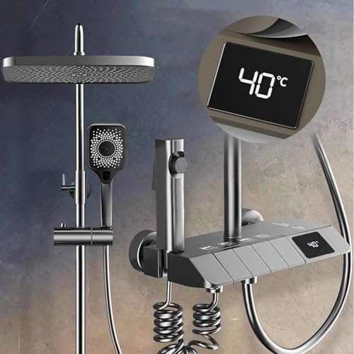 Termostatica Doccia Miscelatore Colonna, Rubinetto Doccetta Sistema con Miscelatore Digitale Display Pianoforte a 4 Funzioni Miscelatori Set per Vasca e spruzzatore per Bagno | Grigio