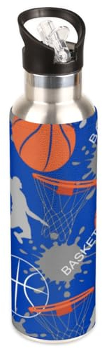 Borraccia termica personalizzata da basket con coperchio con cannuccia, da 590 ml, borraccia sportiva a doppia parete, in acciaio inox, senza BPA, a prova di perdite, in metallo, per scuola, sport,