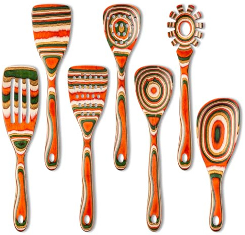 Gudamaye Pakkawood 7-Piece Red Wooden Cooking Utensils, Wooden Spoons for Cooking,Wooden Spoon Set, Wooden Kitchen Utensil set, Pakkawood kitchen Utensils for Serving, Bridal Shower Gifts