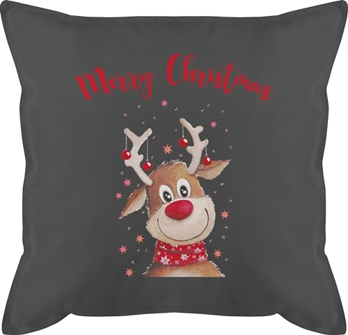 Shirtracer Kissen 50x50 - Weihnachtskissen Geschenke - Merry Christmas Rentier I Elch - 50 x 50 cm - Grau - mit weihnachtsmotiven weihnachtskissenhülle weihnacht Familie bezug weihnachtsmotiv