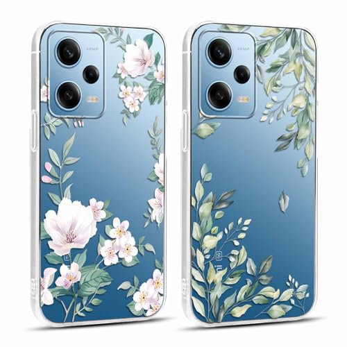 Yoedge 2 pièces Transparente Coque pour Xiaomi Redmi Note 12 5G 6,67 Motif de Fleurs et Feuilles Fille Femme Étui, Housse de Protection Antichoc TPU Mignon Aesthetic Case pour Xiaomi Redmi Note 12