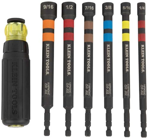 Klein Tools 32950 Ratcheting Impact Rated Hollow Power Nut Driver Set with Handle, Magnetic, Color Coded, 6 SAE Hex Sizes