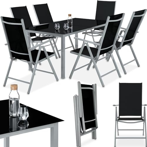 TecTake® Salon de Jardin Extérieur en Aluminium - 6 Fauteuils Inclinables Pliables, 1 Table - Facile d'Entretien, Mobilier pour Aménagement Balcon Terrasse