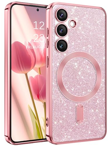 YINLAI für Samsung Galaxy S24 Plus Hülle Kompatibel mit Magsafe Glitzer,HandyHülle Samsung S24 Plus Magnetische Stoßfeste Soft TPU Cover Case Schutzhülle für Samsung S24 Plus 6,7 Zoll,Rosa/Pink