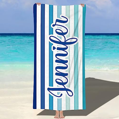 Jodimitty Streifen Strandtuch Personalisiert Name Mikrofaser, Sandfrei Schnelltrocknend Leicht, Farbe Muster Pool Bad Strandtuch für Erwachsene Kinder, 60x120cm/76x152cm/90x180cm (Blau)