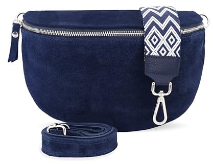Bauchtasche Damen, Umhängetasche aus Wildleder, Elegante Crossbody-Bag mit gemusterten & verstellbaren Schultergurt, Schultertasche für jeden Anlass (Blau 3, L)