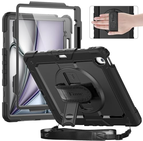 timecity Hülle Für iPad Air 13-Zoll M3/M2 (2025/2024) Tasche Mit Integriertem Bildschirmschutz, 360° Drehbarem Ständer, verstellbarem Schultergurt,Magnetischer Ladestifthalterung-Schwarz