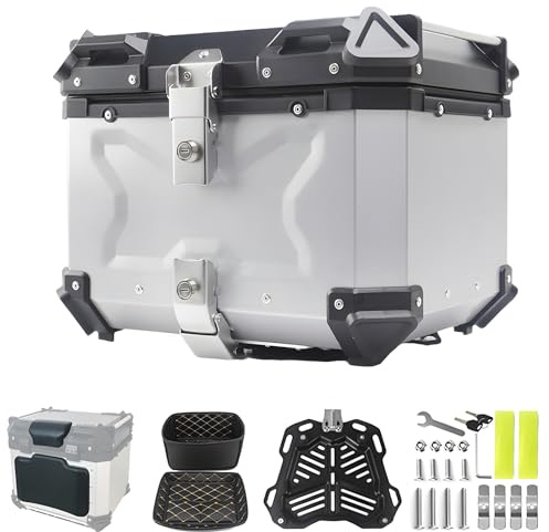 Morlinca Topcase Für Roller, Motorrad Aluminium, Wasserdicht Motorradkoffer Mit Sicherheitsschloss Und Rückenlehne, Top-Cases Für Roller, Motorrad, Quad (X-Silver, 45L)
