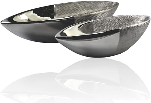 Trends for living Dekorative Keramik-Dekoschale Schlüsselschale Dekotablett Oval Schale Tablett Silber für Flur Eingangsbereich Wohnzimmer (32x15x7 cm)