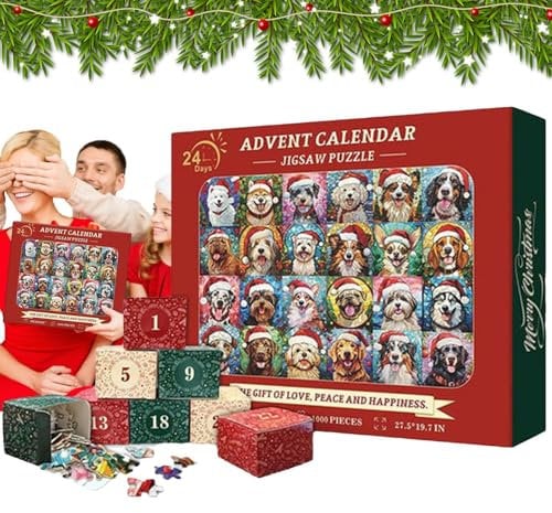 Christmas Advent Calendar Dog Jigsaw 2024, Christmas Dogs Colourful Jigsaw Puzzle 1000 Pieces, Christmas Countdown Calendar 24 Days Jigsaw Puzzle, Winter Holiday Jigsaw Puzzle, Christmas Home Decor