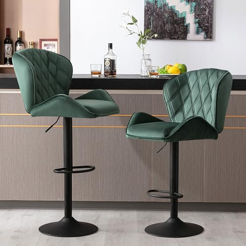 Fantasylab 2 Barhocker Tresenhocker, Gute gepolstert, Höhenverstellbar, Drehbar, Höhenverstellbar, 360° Drehbar,mit Rückenlehne und Fußstütze Belastbarkeit 120kg, 2 x Hocker in DunkeGrün
