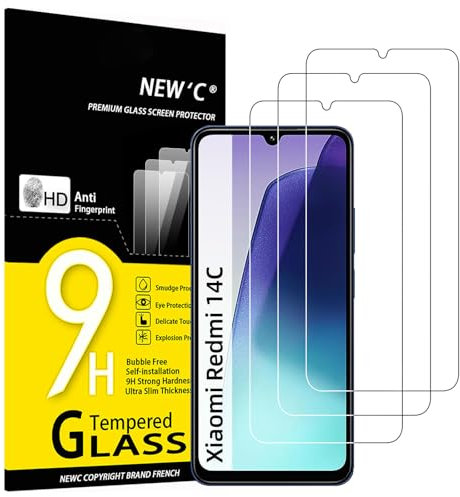 NEW'C 3 Piezas, Protector Pantalla para Xiaomi Redmi 14C/14R, Redmi A3 Pro, Cristal templado Antiarañazos, Antihuellas, Sin Burbujas, Dureza 9H, 0.33 mm Ultra Transparente, Ultra Resistente