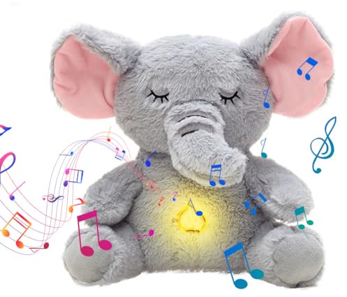 Umllpet Schlummer Elefanten Kuscheltier, Baby Einschlafhilfe Elefanten, Einzigartiges Einschlafhilfe Babys für Neugeborene, Elefanten-Musikpuppe mit Atembewegung und Musik, Ideales Baby Spielzeug
