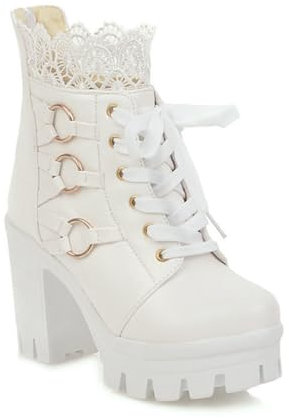 GYYZAYH Stivali Rotondi Punta Corto Piattaforma Chunky Tacchi Alti Cosplay Principessa Stivali Lace up Goth Caviglia Booties,Bianca,43 EU