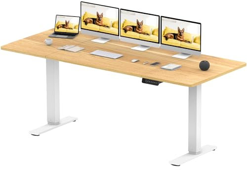 SANODESK Höhenverstellbarer Schreibtisch 200×80 cm – Elektrischer Sitz-Steh-Tisch mit Dualmotor, Großer Arbeitstisch für Büro & Home Office(weiß+ahorn)