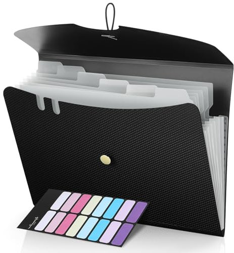 Fächermappe A4, Dokumentenmappe 7 Fächer mit Deckel, Erweiterbare Aktenordner mit Etiketten, Tragbar Mappe mit Fächern für Zuhause Büro Schule und Auf Reisen