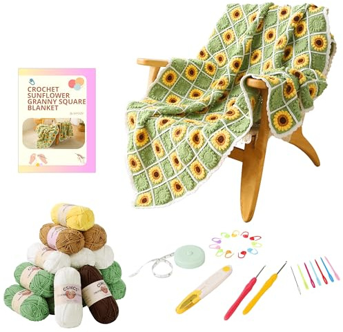 CSWCS Häkeldecken-Set für Anfänger, Sonnenblumen-Oma, quadratisches Häkeldecken-Set für Erwachsene, einfaches Stricken mit Garnzubehör, Buch und Video-Tutorials für Anfänger (99,1 x 78,7 cm)