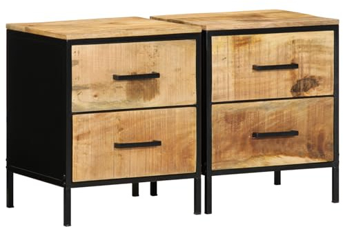 vidaXL Nachttische 2 Naturholz und Schwarz Massivholz Mango Metall 40X35X50 cm mit 4 Schubladen Schrank Tisch Nachtkästchen Industrieller Stauraum Urbaner Stil Zwei-Schubladen Kompakt