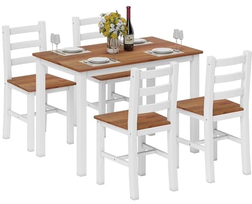 HOMCOM Essgruppe Esstisch mit 4 Stühlen Platzsparend Esszimmergruppe Sitzgruppe aus Kiefernholz Rechteckig Küchentisch für Esszimmer, Küche, Braun+Weiß