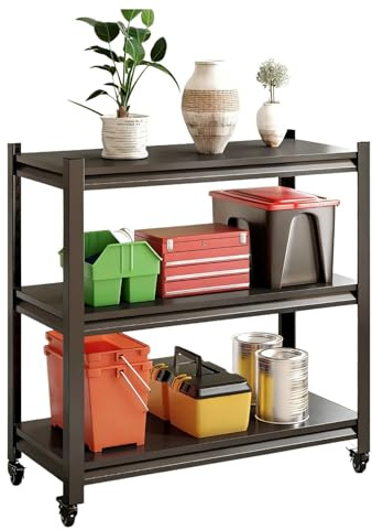 Coolpleasant 105kg Metallregal Schwarz, 3 Stufig Schwarze Schwerlastregal Metall mit Rädern, Ladungen Einstellbare Regale und Standregale für Die Küchen Keller Garage, 80x40x80cm