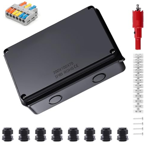 HECHKJ Wasserdichte Abzweigdose, IP65 Wasserdicht Abzweigdose Außen, ABS Schwarz Klemmkasten, 200 x 100 x 70 mm Anschlussdose, mit Terminal und Montagezubehör, für Kabel Ø 12-16 mm
